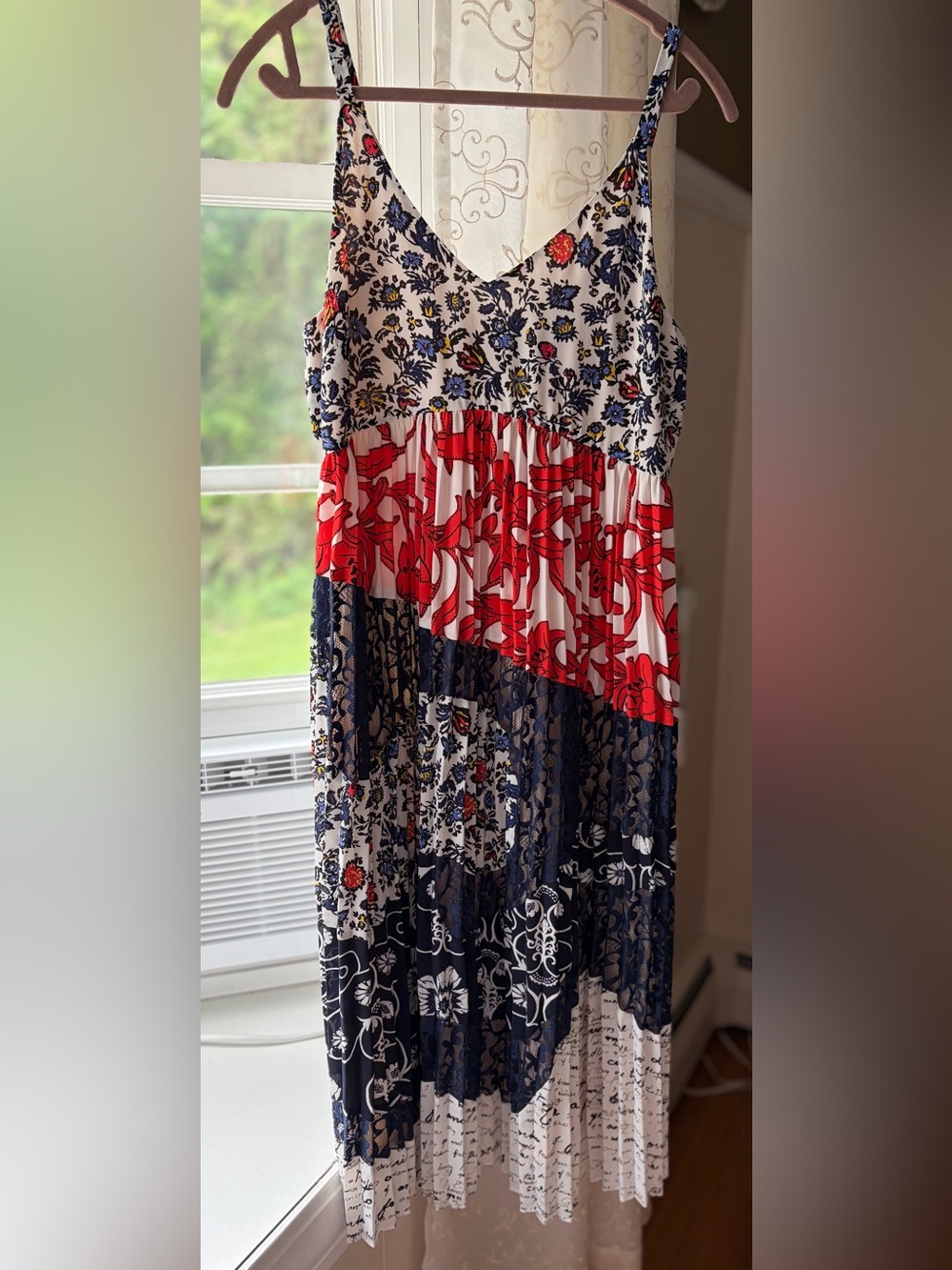 Maeve Floral Lace Colorblock Maxi Dress White/Red/Navy Boho Festival Summer Sz 6 - Picture 2 of 6